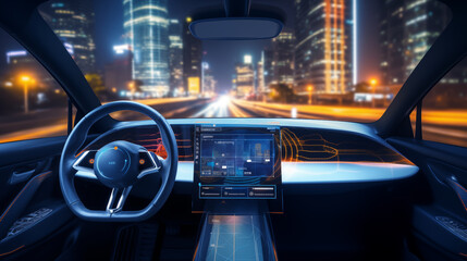 A futuristic smart car dashboard with integrated business tools and apps, business technology background, blurred background, with copy space