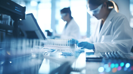 Scientists working on DNA sequencing in a modern laboratory, health tech background, blurred background, with copy space - obrazy, fototapety, plakaty