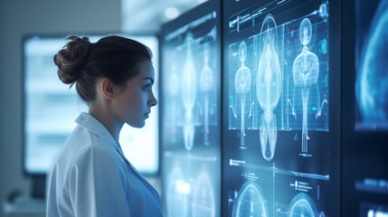 AI-driven diagnostic tools analyzing medical images, health tech background, blurred background, with copy space