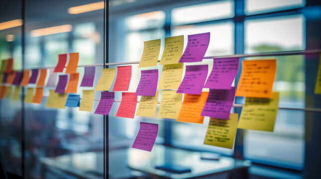 A brainstorming session with digital post-it notes on a smart board, business technology background, blurred background, with copy space