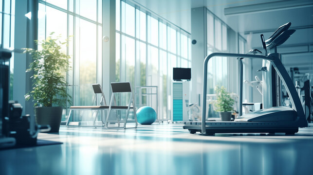 Ultramodern rehabilitation center with tech-assisted tools, health tech background, blurred background, with copy space