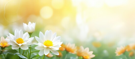 Sunlit yellow and white flower on blurred green background with copy space representing natural flora landscape and ecology cover page concept