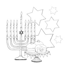 Vector hand drawn Hanukkah symbols with menorah, candles, stars of David and donuts black and white ink illustration