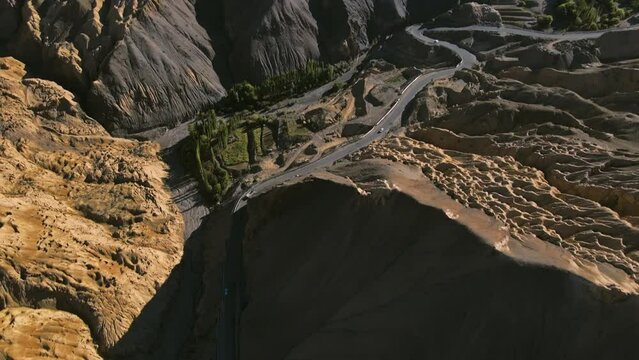 Landscape in Lamayuru, Ladakh - known as the &lsquo;Moonland&rsquo;, due to its unique terrain that resembles the surface of the moon. Barren mountains, rocky outcrops, create a stark and otherworldly atmosphere.