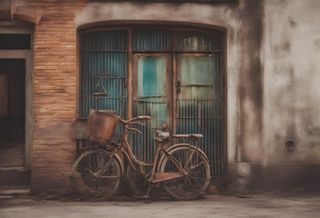 Fototapeta na wymiar old and rusty bicycle in front of a house