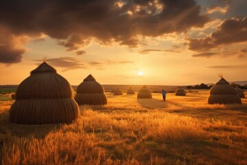 Picturesque scenery: haystacks in sunset. Generative AI