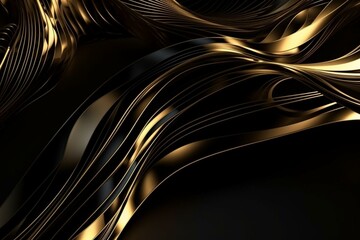 Elegant golden lines intertwine with black lines, forming an abstract and luxurious background. Rendered in 3D. Generative AI