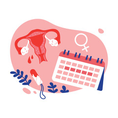 Menstruation composition with calendar, tampon and uterus. Flat vector illustration.