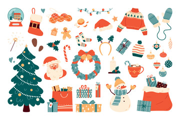 Set of items for Christmas celebration. Flat vector illustration isolated on white background.