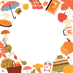 Autumn round frame. Flat vector illustration on white background.