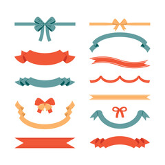 Set of decorative ribbons and bows. Flat vector illustration isolated on white background.