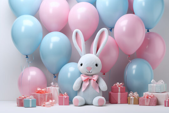 Cute White Bunny with Pink Blue balloon and gift box