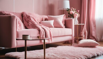 Soft sofa in pink living room: Decorated with fluffy blanket and soft pillows