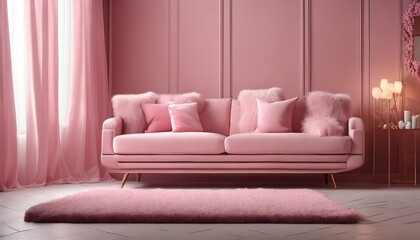 Living room decor: Pink tones, soft sofa, fluffy blanket, and soft pillows