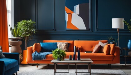 Bright multicolored living room: Features blue sofa, orange armchair, and table