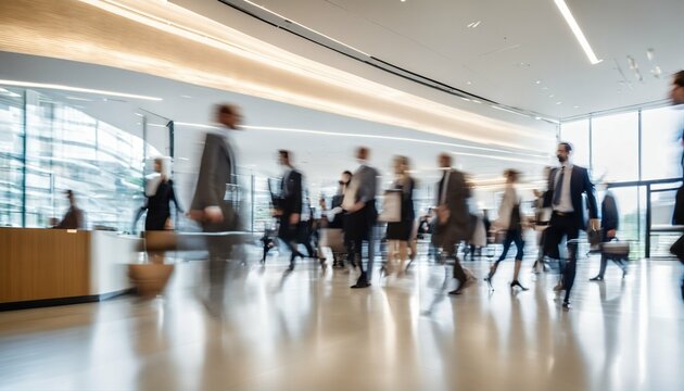 Blurry trail of fast moving business people in bright office lobby captured in long exposure shot