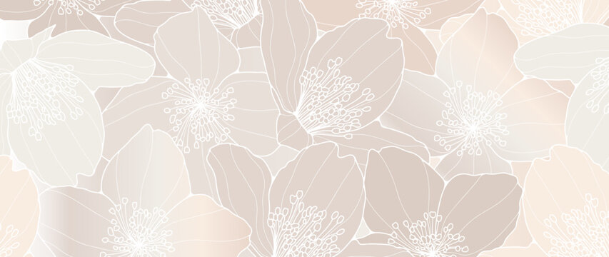 Delicate beige floral background with beautiful flowers. Feminine vector background for decor, wallpaper, covers, cards and presentations.