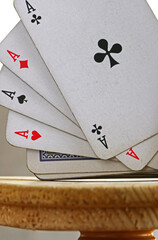 Playing cards on wooden table. Playing cards for gambling board. Games concept. gambling and social issues