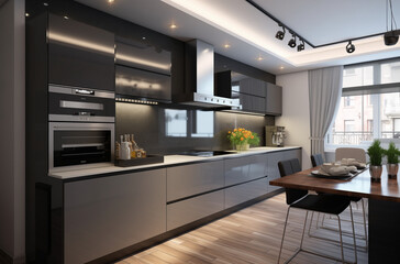 A luxury kitchen of a beautiful bright modern Scandinavian style, generative AI