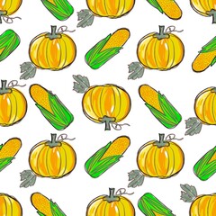 Seamless pattern with pumpkins and corn for packaging paper, fabrics, backgrounds.