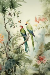 Rainforest scenery with exotic birds