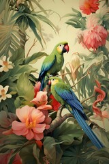 Colorful parrots in a tropical garden 