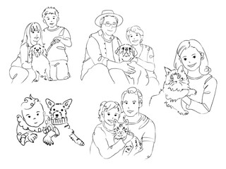 family portrait with pets line drawing / doodle set
