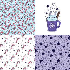 Hand drawn Christmas with marshmallow rabbit, cinnamon patterns set is doodle style for designing baby clothes. Prints with candy cane seamless pattern. Vector illustration.