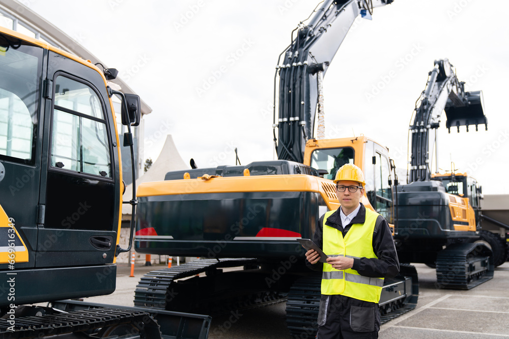 Aufkleber engineer in a helmet with a digital tablet stands next to construction excavators.