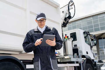 Manager with a digital tablet next to garbage truck
