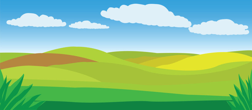 illustration of a landscape with sky clouds over fields meadows summer concept