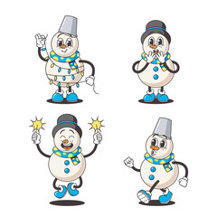 Cartoon Snowmen Characters In Retro Style wear Classic Top Hats, Buckets, Coal Eyes, Carrot Noses, And Knitted Scarves