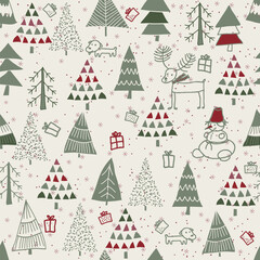 Christmas seamless pattern for greeting cards, wrapping paper. Hand drawn winter background from doodle Christmas trees, snowflakes, deer and dogs. Vector illustration. - 669616510
