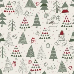 Foto op Canvas Christmas seamless pattern for greeting cards, wrapping paper. Hand drawn winter background from doodle Christmas trees, snowflakes, deer and dogs. Vector illustration. © nataliiaku