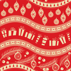 Christmas pattern. Seamless pattern with hand drawn  christmas trees, Christmas tree decorations, snowflakes. Ideal for holiday packaging, fabric, printing, decoration. Vector illustration - 669616522