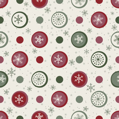 Merry Christmas, Happy New Year seamless pattern with snowflakes and balls for greeting cards, wrapping paper. Doodles. Seamless colorful winter pattern. Vector illustration.