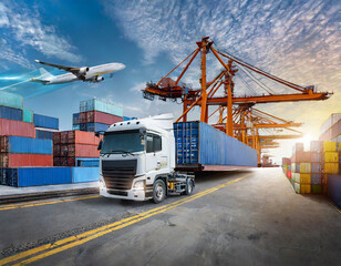 Container truck in ship port for business Logistics and transportation of Container Cargo ship and Cargo plane with working crane bridge in shipyard, logistic import export and transport