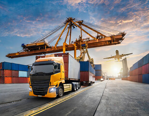 Container truck in ship port for business Logistics and transportation of Container Cargo ship and Cargo plane with working crane bridge in shipyard, logistic import export and transport