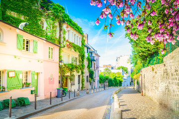 View of cosy street in quarter Montmartre in Paris, France. Cozy cityscape of Paris at summer....