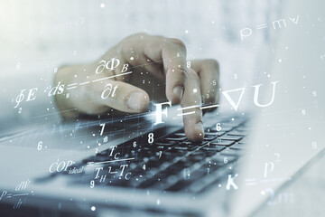 Double exposure of creative scientific formula concept with hands typing on laptop on background, research and development concept - obrazy, fototapety, plakaty