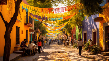 Sunny street in Mexico adorned with vibrant paper garlands, lively crowds, and colorful colonial...