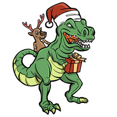 Dinosaur and reindeer merry christmas with gift