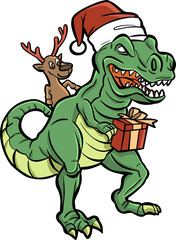 Dinosaur and reindeer merry christmas with gift  