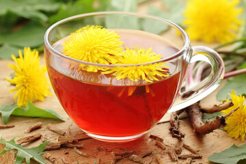 Dried dandelion root with fresh flowers and leaves on wooden table, closeup, copy space, green medicine, diet food, homeoparhy, hair and skin healthy care, detox therapy concept