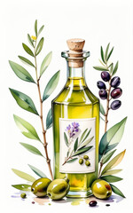 Olives with leaves and flowers. Olive oil in a bottle Made with watercolors. White background. AI