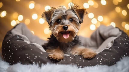 cute little dog on a New Year's background, festive winter mood, lights
