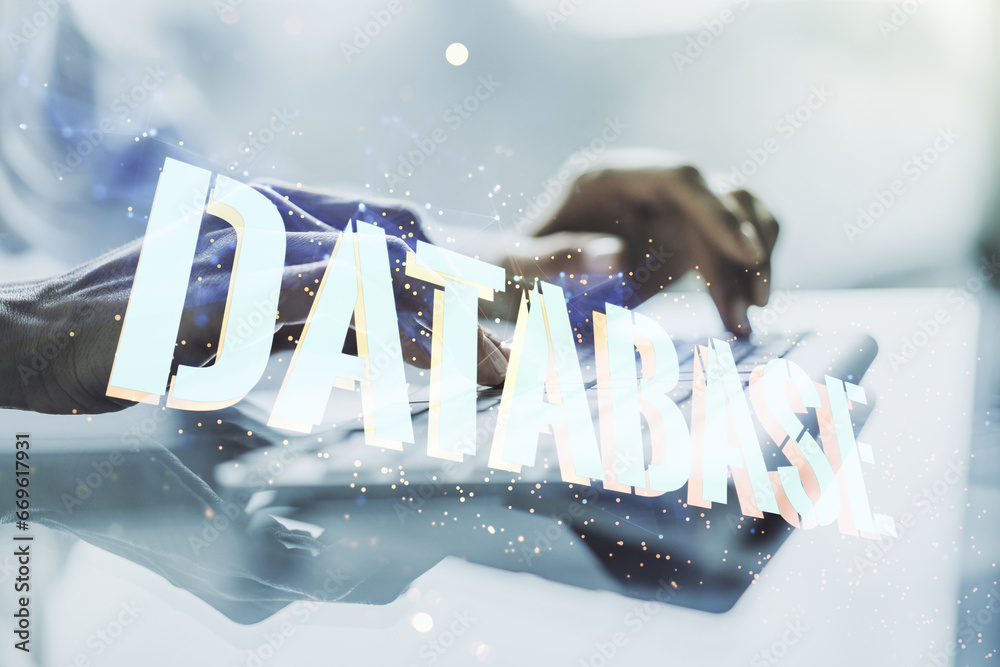 Poster double exposure of creative database word hologram and hands typing on laptop on background, researc