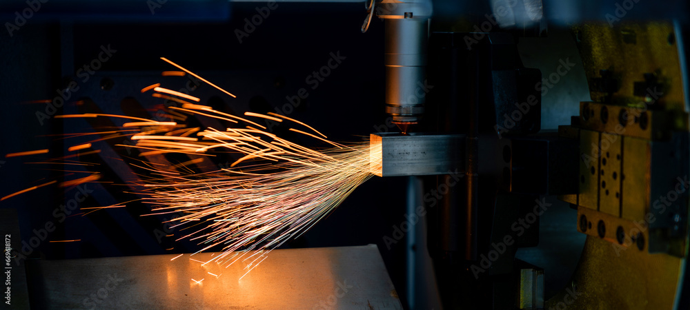 Poster automatic machine for cutting metal at work. smart factory.