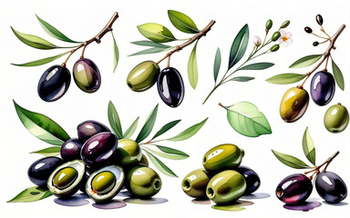 Olives with leaves and flowers. Done in watercolor. White background. AI