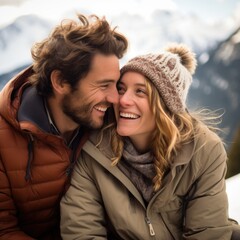 Fototapeta premium A man and woman are smiling while sitting on a mountain, AI